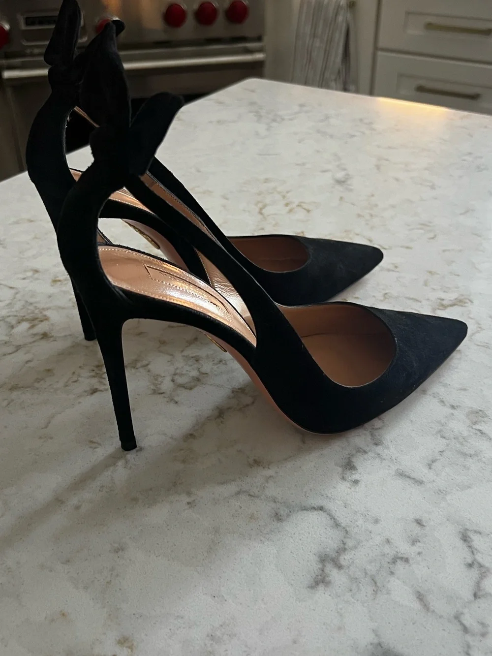 Aquazzura Firenze Black Suede Pointed Bow-Back Stiletto Pumps
